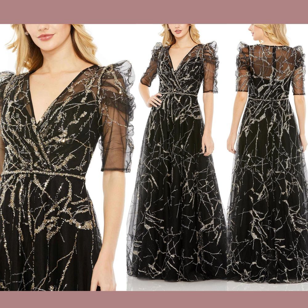 NWT$798 Mac Duggal [ 20 ] Embellished Gathered Puff Sleeve Wrap Gown Black G1800